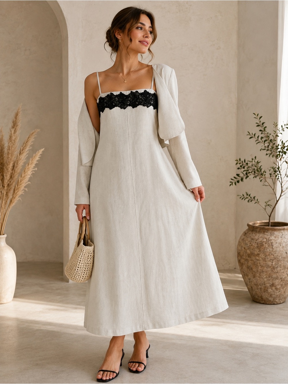 Linen Dress with Cropped Jacket & Black Lace De